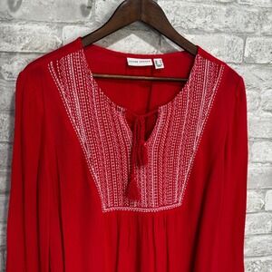 Susan‎ Graver Popover Top Crinkle Embroidered Boho Tassel Tie Neck Flowy Size M